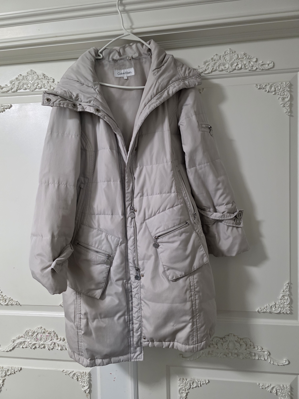 Calvin Klein Light Gray Long Puffer Coat with High Collar